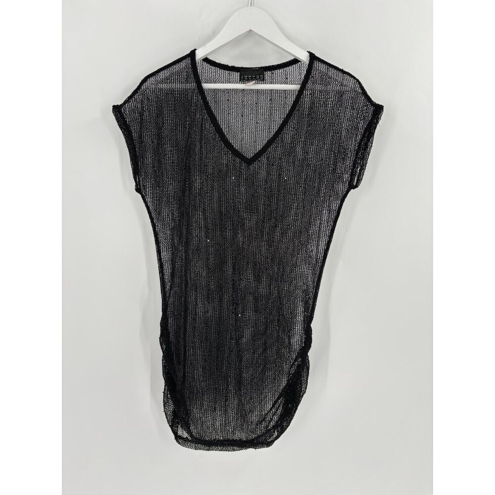 Jordan Taylor Vintage Mesh Swim Cover Black Medium Ruched Sides V Neck USA Made